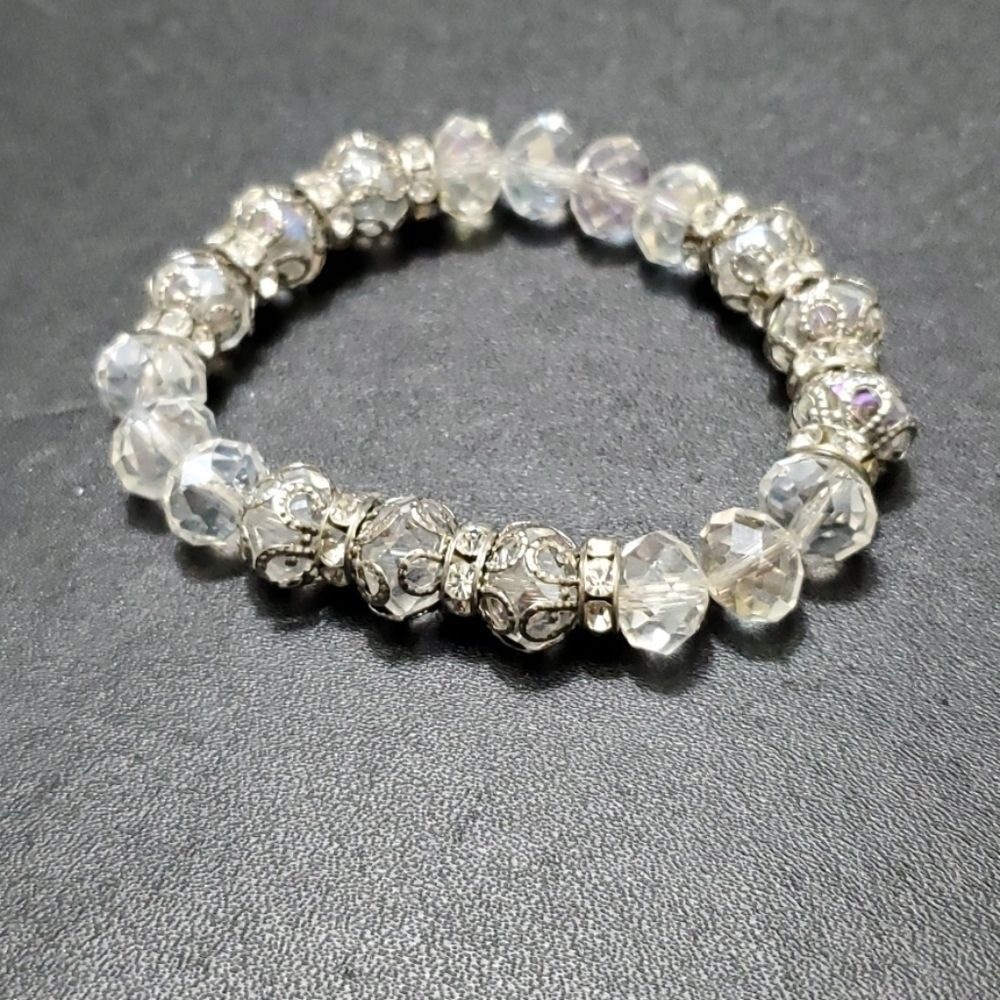 Silver tone sparkly beaded bracelet 6.5" - Picture 3 of 10